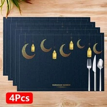 1/4/6 szt. lniane podkładki pod talerze z motywem latarenki Ramadan, błogosławieństwa Ramadanu, prezent na Ramadan, dekoracja Ramadanu, odpowiednie na stół jadalny, dekoracja całoroczna, zmywalne podkładki, wystrój domu, podstawki, maty na stół kuchenny, dekoracja na imprezy wewnątrz i na zewnątrz, wystrój domu, idealny prezent - Wielokolorowe - Zobacz 16
