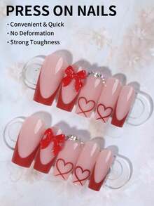 Bộ 24 miếng dán móng tay acrylic hình quan tài màu đỏ, họa tiết nơ và trái tim màu hồng đính đá, kèm 1 lọ sơn gel và 1 dũa móng, phù hợp cho nữ và bé gái, dùng hàng ngày và dự tiệc. - Đỏ - Xem 3