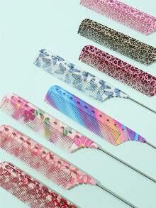 15 Patterns Colorful Anti-Static Tail Comb - Suitable For Professional Hairstyling And Home Use, Durable And Fashionable, Leopard Print/Fluorescent/Floral Patterns Available - Multicolor - View 6