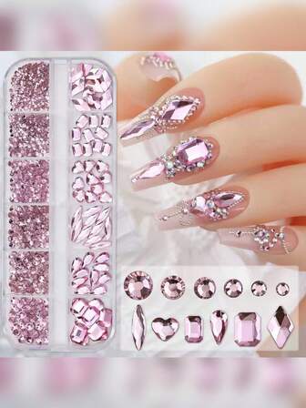 1,101pcs Crystal Nail Rhinestones - Shiny Pink Diamond & Gems, Multi-Size & Shape Nail Charms DIY Jewelry Decorations