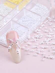 6件套金色、银色珠子和白色仿珍珠美甲装饰品，Y2K美学美甲饰品，钢珠和白色仿珍珠美甲宝石，美甲用品，美甲配件 - 彩色 - 查看 8