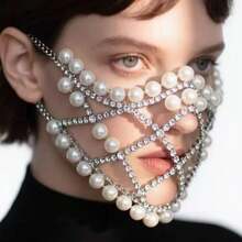 European And American Fashion Mesh Imitation Pearl Multi-Layer Mask, Face Mask, Hollow Out Decorative Mask, Exaggerated Music Festival Party Rhinestone Mask - Gold - View 1