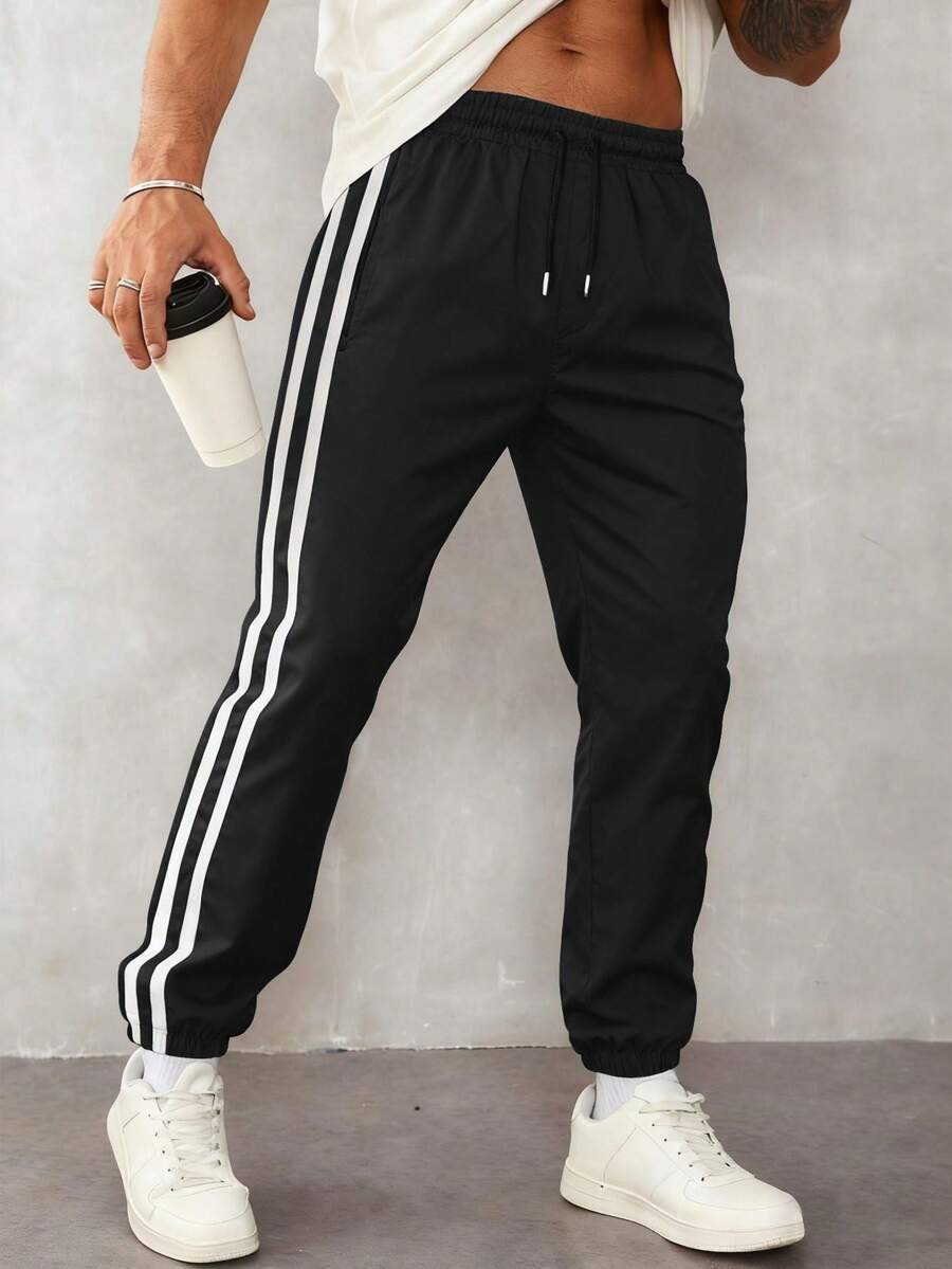 1 件男士休闲宽松运动裤，适合跑步、户外、徒步旅行、日常通勤，时尚条纹踝长裤，轻便，适合夏季 - 黑色 - 查看 1