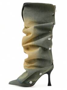 Women Ruched Slouchy Boots Stiletto High Heel Knee High Pleated Pointed Toe Luxury Sexy Elegant Design Detachable Wedding Shoes - 薄荷藍 - 查看 4