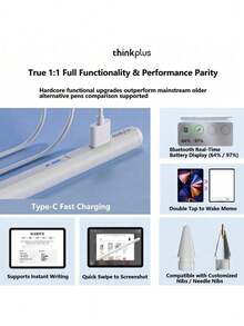 Lenovo Caneta capacitiva BP17BL, exclusiva para tablets Apple: Bluetooth, indicador de nível de bateria em tempo real, carregamento magnético, função anti-toque acidental, carregamento ultrarrápido, escrita suave e bateria de longa duração. - Branco - Visão 3