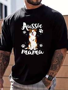 100% Cotton Dog Mama Shirt For  Australian Shepherd Aussie Mom T-Shirt Street Hip-Hop Style Men's T-Shirt - Black - View 1
