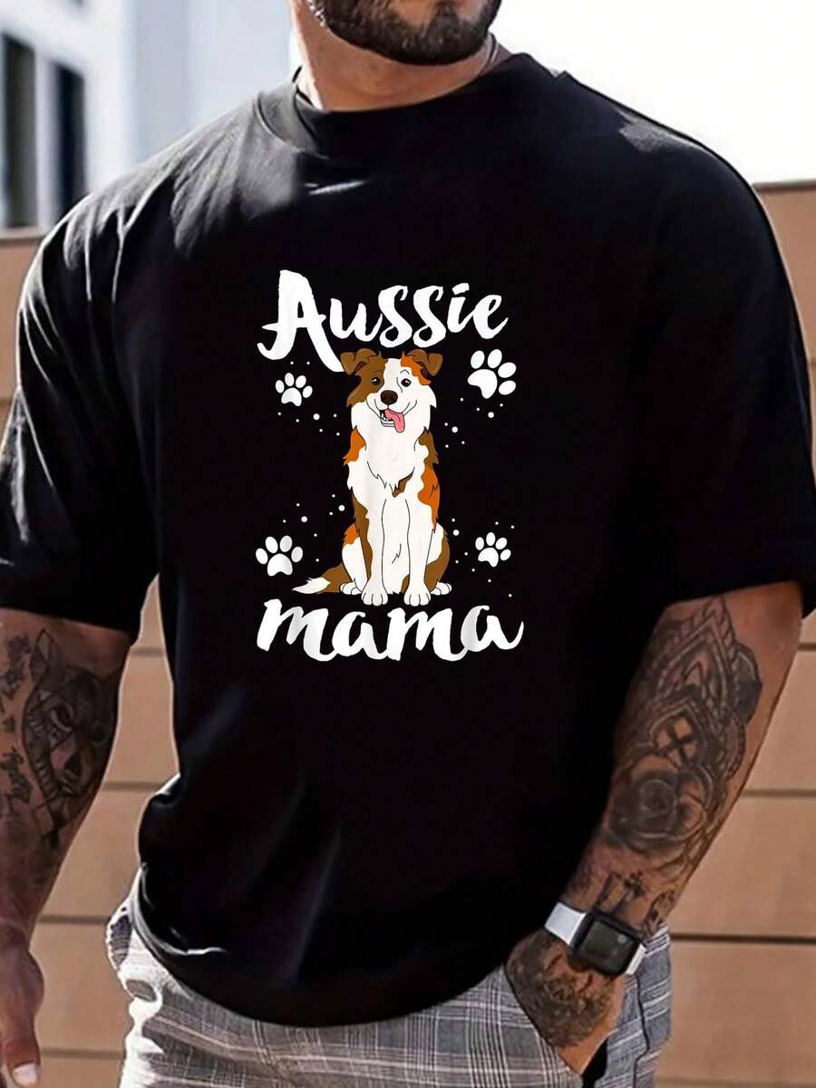 100% Cotton Dog Mama Shirt For  Australian Shepherd Aussie Mom T-Shirt Street Hip-Hop Style Men's T-Shirt - Black - View 1