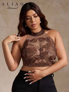 A&A Große Größen elegante Blumen Häkel-Mesh-Stickerei Weste, Sommerbekleidung, romantische Hochzeitssaison, Blumenoberteil, würdevolles Top, Ball-Party, Schulanfang, anmutige Damen, Weiß-Themen-Party, Outfit für Neujahr - Kaffeebraun - Übersicht 4