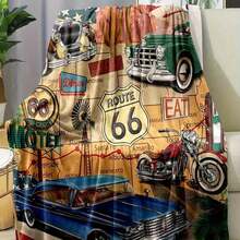 Soft Flannel Retro Car & Route 66 Blanket - Vintage Americana Throw With Classic Cars, Motorcycles & Diners - 280gsm All-Season Cozy Blanket For Couch, Bed, Camping - Printed In USA, Blanket For Bed, Bed And Couch Throw, Nostalgic Home Decor, Durable Comfort, Motorcycle Print, Highquality Print, Travel Enthusiasts, Cozy Soft Flannel Blanket & Suitable For Birthday Anniversaries, Valentine's Day, Thanksgiving, Christmas, Halloween, Wedding, New Year Gifts Provide Personalized Ideal Gifts For Her, Him, Family Members, Boyfriends, Girlfriends, Fathers, Family Members, Mothers, Lovers, Daughters, Sons, Grandfathers, Grandmothers, Friends, Classmates And Pets. Sofa, Bed, Car, Bedroom, Living Room, Office, Outdoor Camping, Beach, Wall Decoration, Bedroom Decor,  Halloween Blanket, Fall Decor, Fall Decorations For Home, Christmas Party Theme Blanket, Christmas Decor, Office Decoration - 彩色 - 查看 2
