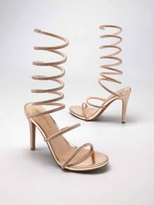 Sandalias de tacón alto con puntera abierta y decoración de strass, tacones altos de fiesta con espiral envolvente cómodos para fiestas, bodas y bailes - Champán - Ver 3
