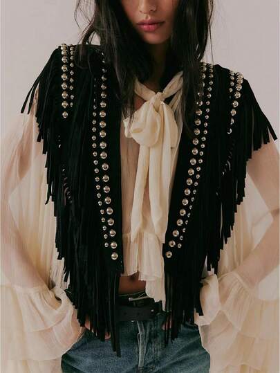 Women Tassel Vest Y2K Sleeveless Fringe Wide Eyes Suede Collar Shawl Open Front Boho Western Jacket Cardigan