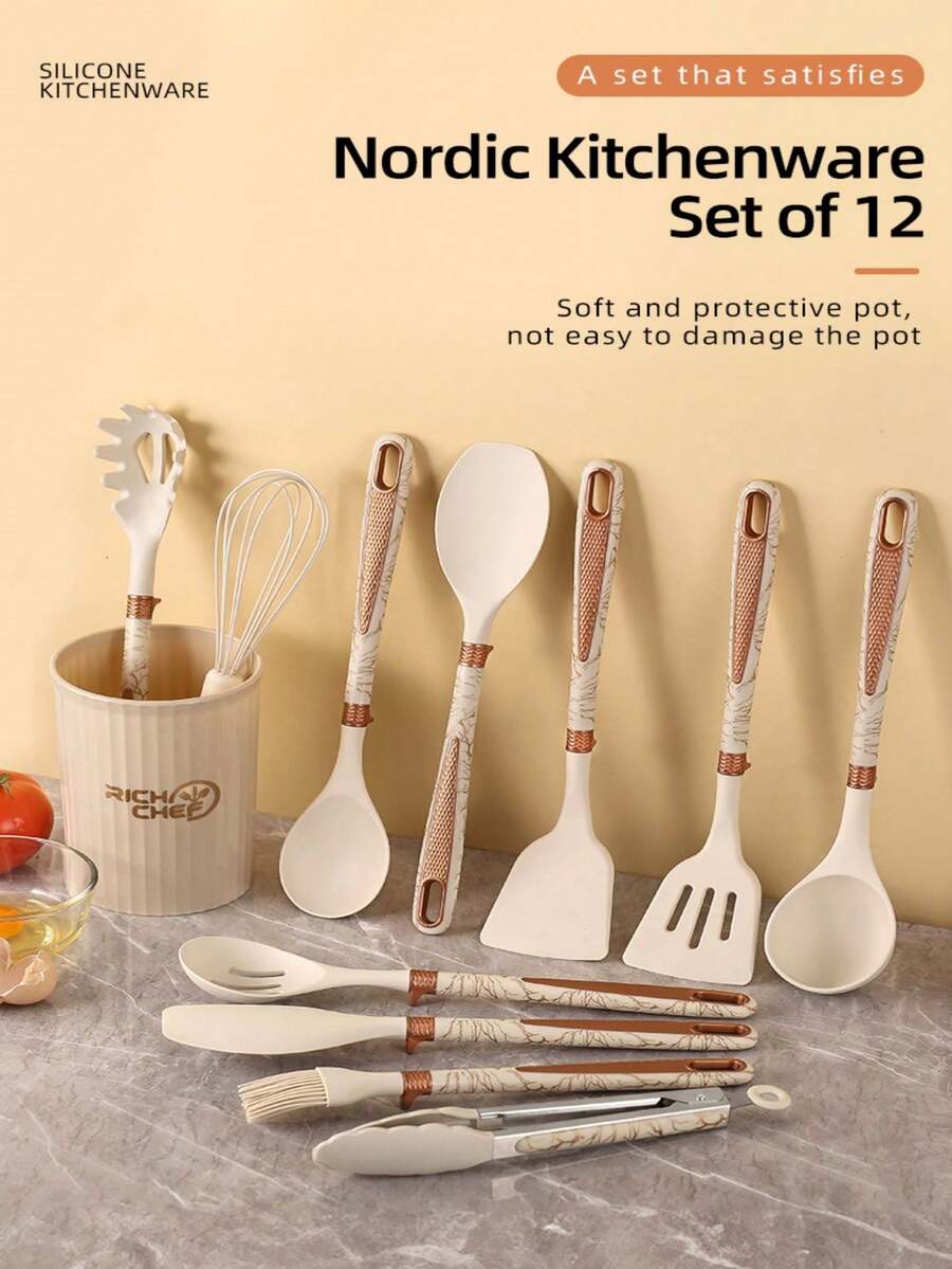 Set da 12 pezzi di utensili da cucina in silicone, comprende cucchiai per minestra, padelle e palette. Le palette in silicone hanno manici con disegno a diamante e sono resistenti alle alte temperature. - Stesso stile, più colori - Visualizzare 1