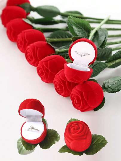 Classic Plastic Rose Flower Ring Box, Flocked Rose Flower Ring Box, Valentine's Day Surprise Gift, Proposal Rose Earring Box, Flocked Lining, Fabric Edging, Snap Closure, Proposal/Confession Gift, Earring Design, No Electricity Required, Jewelry Box