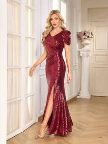 CEILIM 1pc Elegant Sparkling Polyester Backless Sequin Patchwork High Slit Maxi Dress, Suitable For Party, Wedding, Cocktail, Holiday, All Seasons Spring - Burgundy - View 4