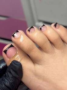 100 Stücke glänzende falsche Zehennägel 12 Größen/Box Schwarze French Tip Nägel Aufklebe-Nägel Komplett-Abdeckung kurze quadratische Fake-Zehennägel Künstliche Acryl-Pediküre-Spitzen mit Tabs für Frauen und Mädchen - Schwarz - Übersicht 3