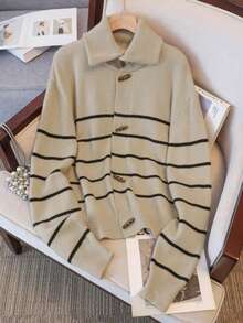 时尚条纹翻领针织开衫女款，宽松牛角扣外套，韩版柔软风格小众设计，显瘦百搭上衣 - 卡其色 - 查看 6