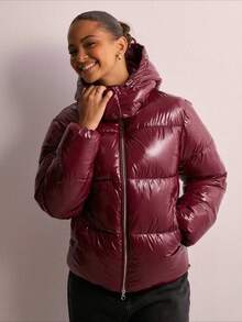 Women's Western Style Drawstring Hooded Puffer | Zip-Up Quilted Cotton Jacket | Warm Cold Weather Coat - 酒紅色 - 查看 2