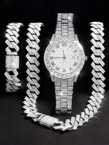 3 PiecesMen's Fashion Quartz Watch Set With Rhinestones, Calendar Roman Numeral Dial Wristwatch, Includes Bracelet And Necklace, Suitable For Daily Life, Parties, And Father's Day Gift - Silver - View 1