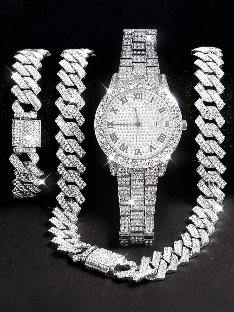 3 PiecesMen's Fashion Quartz Watch Set With Rhinestones, Calendar Roman Numeral Dial Wristwatch, Includes Bracelet And Necklace, Suitable For Daily Life, Parties, And Father's Day Gift - Silver - View 1