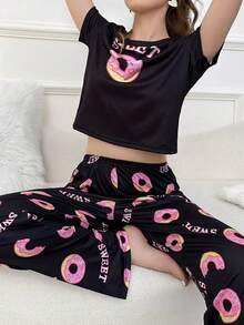 两件套可爱甜甜圈印花睡衣套装，女士圆领短袖长裤睡衣 - 黑色 - 查看 4