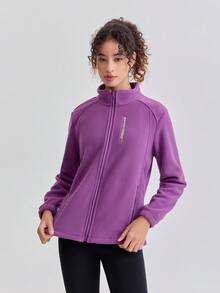 女士户外抓绒外套，保暖透气，立领设计，修身显瘦，羊羔绒内衬，适合徒步和运动，春秋冬季穿着 - 紫色 - 查看 4
