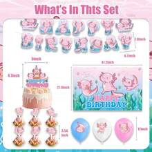 D42Pcs Axolotl Birthday Decorations Including Birthday Banner Axolotl Cake Topper Balloons Backdrop Plies Pink Cute Animals Baby Shower Decorations - Pink346 - 查看 2