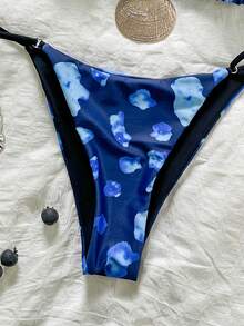 SunTide 蓝色云朵印花挂脖三角比基尼，配贝壳吊坠和侧系带，两件套，适合夏季海滩、夜晚派对，浪漫性感 - 藍色 - 查看 8