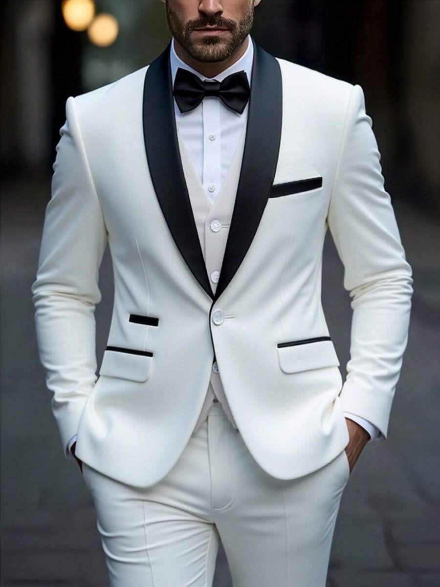 Caelus Male Groom Wedding Blazers High Quality Dress Jacket Coat Pants Vest Men 3 Pieces Set Formal Slim Tuxedo Prom Suit Business Networking Formal Tuxedo Prom Suit Work Office Suit