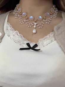 1PC Elegant French-Style Imitation Moonstone Faux Pearl Fringe Necklace, Vintage Court-Style Necklace, Fashionable Minimalist Women's Accessories, Jewelry Gift - 項鍊 - 查看 6