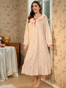 RS Pajama1 Lace Lace Crew Neck Long Sleeves Contrast Lace Romantic Elegant Cherry Print Nightgown, Moo Moo Night Dress - Red and White - View 3