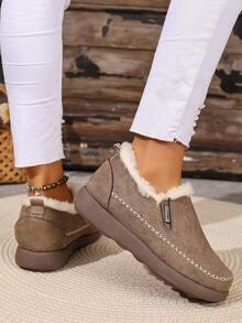 女士冬季雪地靴，时尚休闲轻便一脚蹬踝靴，低帮纯色，防寒防滑耐穿冬季靴，适合日常穿着和户外活动 - 卡其色 - 查看 4