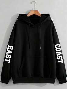 大码女式东海岸字母印花保暖连帽休闲卫衣，适合春、秋、冬季穿着，大码修身剪裁，卫衣，冬季服装，新款大码女装/女士卫衣/女士冬季服装>卫衣/女士派对装/女士上衣/卫衣/情人节/圣诞节服装/送给同事的礼物 - 黑色 - 查看 2