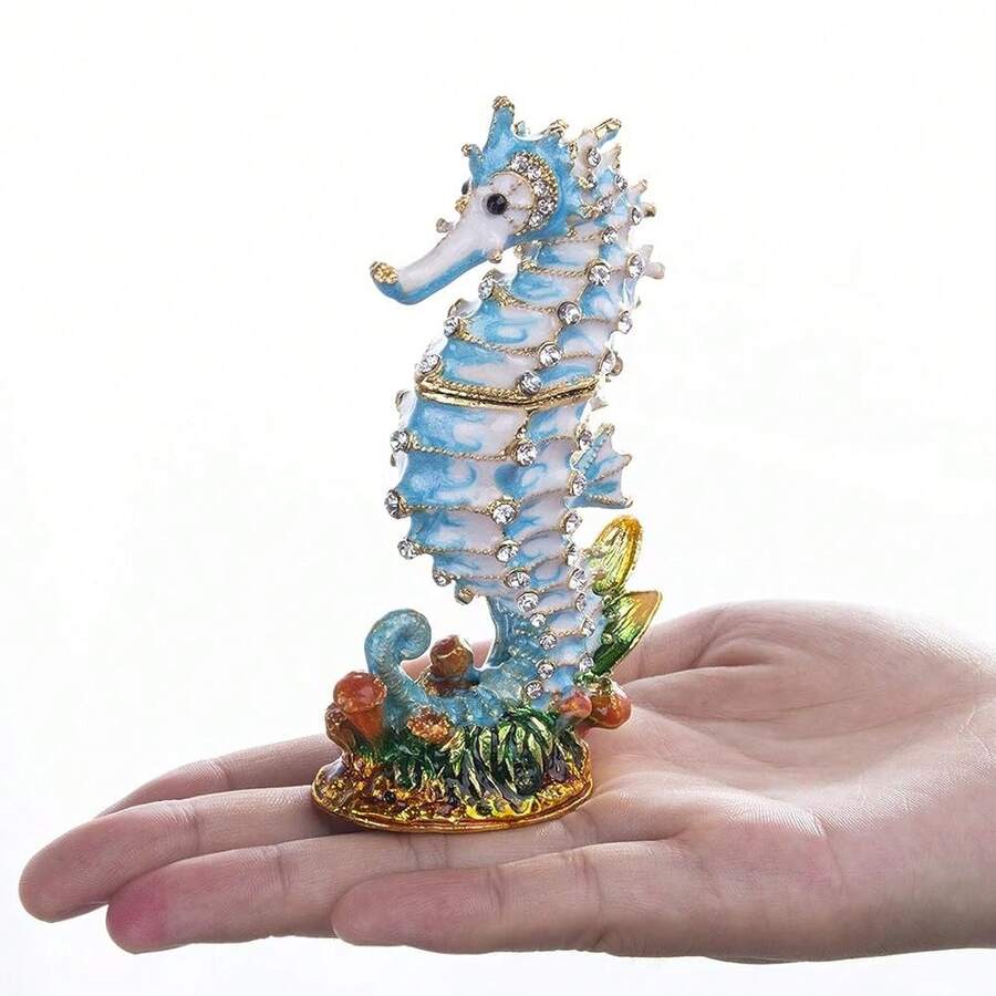 YU FENG 4.1inch Hinged Seahorse Trinket Box Hand-Pasted Rhinestones Crystal Jewelry Storage Box Christmas Gift,Seahorse-1 - 海馬-1 - 查看 1