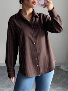 Women's Fashion Long Sleeve Glitter Striped Shirt, Shirt Collar, Button Front Design, Creates Elegant Casual Look - Coffee Brown - View 1