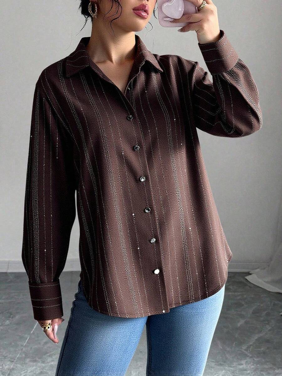 Women's Fashion Long Sleeve Glitter Striped Shirt, Shirt Collar, Button Front Design, Creates Elegant Casual Look - Coffee Brown - View 1
