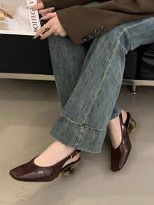 复古无后跟套脚凉鞋，女士软皮凉鞋，独特方头水晶鞋跟不对称鞋跟凉鞋 - 酒紅色 - 查看 2