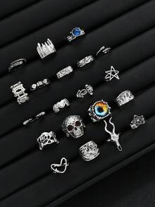 20枚哥特风恶魔之眼、骷髅、蛇、山羊、五芒星扑克牌图案戒指套装，适合日常时尚佩戴，情人节送给男友的礼物 - 銀色 - 查看 5