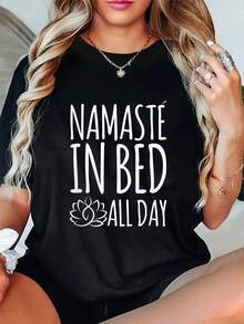 100% Cotton Namaste In Bed All Day Funny Yoga T-Shirt Round Neck Short Sleeve T-Shirt Women's Men's Graphic Tee - 黑色 - 查看 1