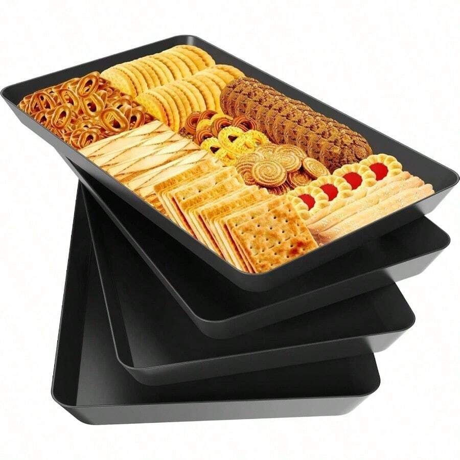 4 Pcs Serving Tray Entertaining, Grilling BBQ Accessories, Serving Platters Snacks, Fruit, Reusable Plastic Trays Serving Food And Pantry Organization In Kitchen Parties - 黑色+4 - 查看 1