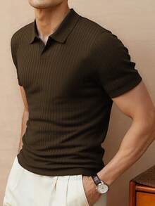 Men Solid Casual Polo Neck Short Sleeves Ribbed Knit Top