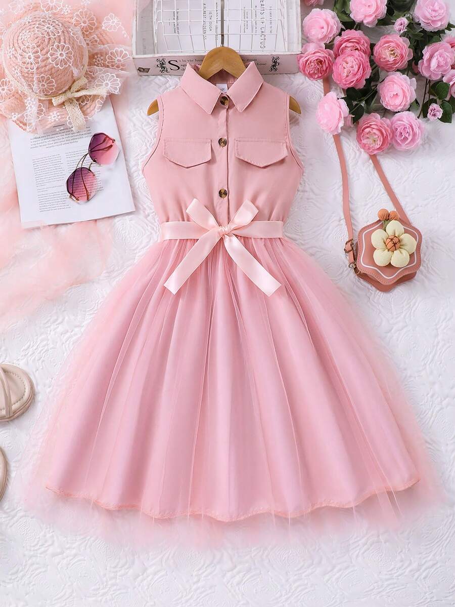 Girls' Casual Solid Color Sleeveless Collared Mesh Dress With Belt, Summer - Pink - View 1
