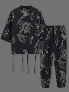 Bộ áo choàng và quần ngủ họa tiết rồng dành cho nam giới - màu đen - Xem 2