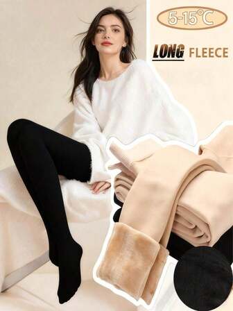 1 Pair Women's Solid Color Fleece Lined Tights, High Waist Slim Fit, Comfortable Soft Opaque Leggings, Suitable For Autumn/Winter