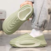 Pantufas casuais de pelúcia com forro térmico para homens, outono/inverno 2025, quentes, grossas, com bico fechado, para casais. - Verde - Ver 5