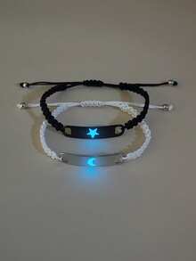 ATLVXJL 2pcs/Set Luminous Couple/Friendship Starry Night Stainless Steel Pendant Adjustable Cord Bracelet Set, Suitable For Daily Wear And Holiday Gift