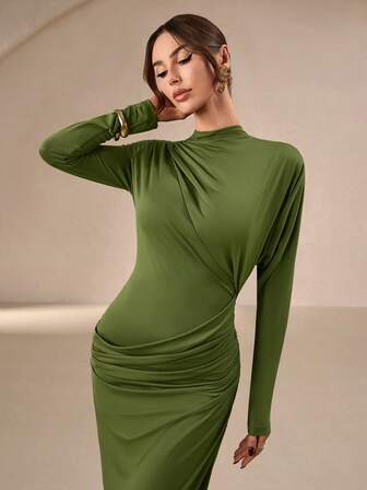 Vestido maxi de mujer elegante de cuello alto y verde, con mangas tipo chal en capas, ideal para reuniones sociales, ocasiones festivas, fiestas, bodas y té