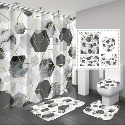 1/4 Piece Waterproof Gray Abstract Geometric Pattern Shower Curtain Set With 12 Hooks, Bathroom Accessories, Bathroom Rug, Toilet U-Shaped Mat, Toilet Lid, Complete Bathroom Set, Bathroom Decor