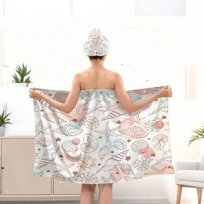 1 ชุด 2 ชิ้น, เสื้อคลุมอาบน้ำพิมพ์ลายปลาดาวและเปลือกหอยโลกใต้ทะเลสีไล่ระดับสีสันสดใสทันสมัย & ชุดหมวกอบไอน้ำแบบแห้งเร็ว, โพลีเอสเตอร์ 100%, นุ่มพิเศษ, เสื้อคลุมอาบน้ำสำหรับผู้ใหญ่ & หมวกอบไอน้ำ, เหมาะสำหรับห้องน้ำ, ซาวน่า, สปา และผ้าคลุมร้านเสริมสวย, เสื้อคลุมสตรี, ของตกแต่งประจำวัน