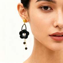 18K Gold Plated Retro Miradar Fashion Personalized Design Earrings, Stainless Steel Round Bead Resin Flower Dangle Earrings, Suitable For Women's Daily Wear Or Party Events - Black Gold - View 2