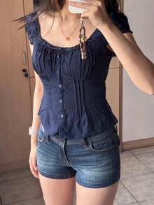 Women's Y2K Fairycore Shirt Top Vintage Cap Sleeve Tie Front Square Neck Button Down Ruffle T Shirts Crop Tops Solid Color Slim Fit Frill Tees Summer Blouses Casual Going Out Tops Aesthetic Clothes Party Club Streetwear - 藏蓝色 - 查看 8